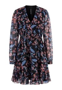 Robe noire à motifs floraux avec manches longues en tissu transparent, encolure en V, taille élastique et ourlet à volants. Présente des motifs cachemire bleus et rouges sur toute la surface.