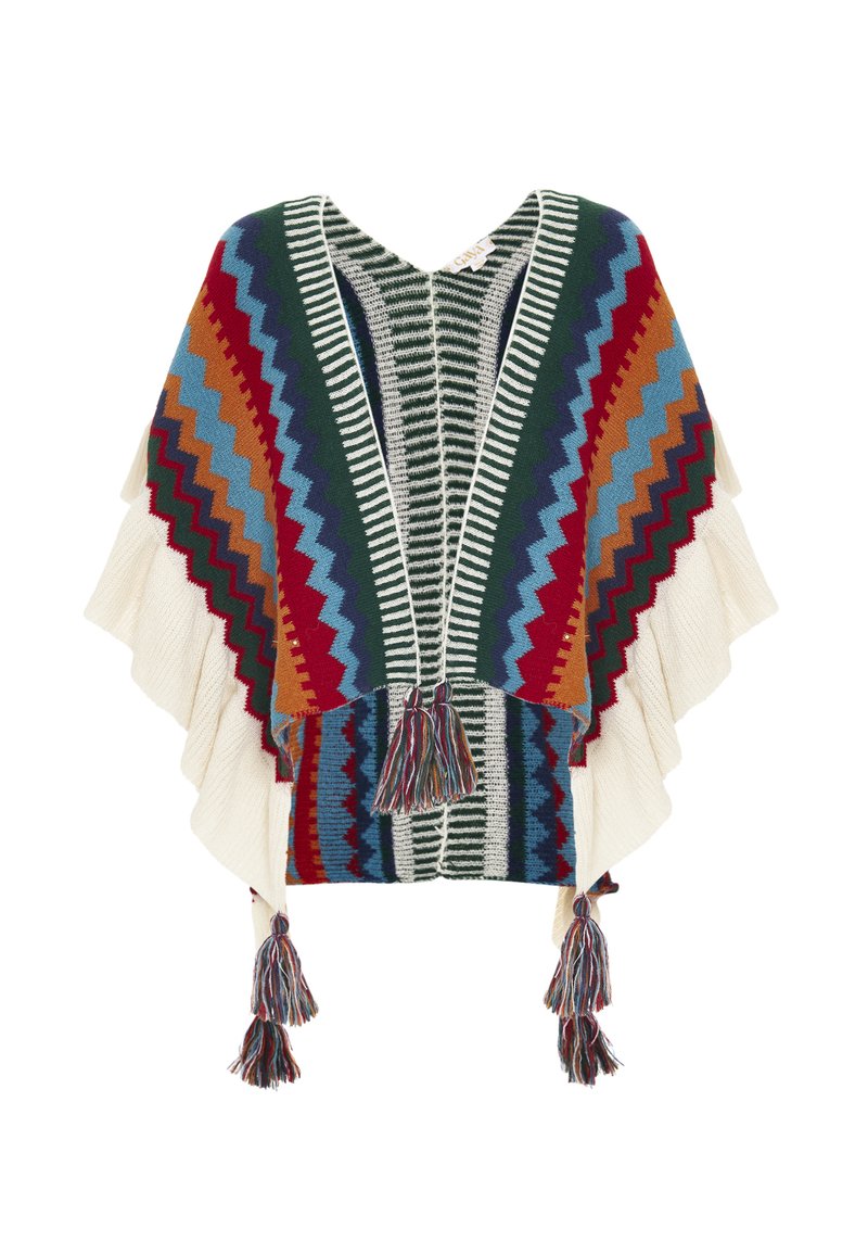 Poncho multicolor cu un model în zigzag în nuanțe de roșu, albastru și verde. Are margini franjurate de culoare crem și ciucuri la tiv. Textură moale din tricot.