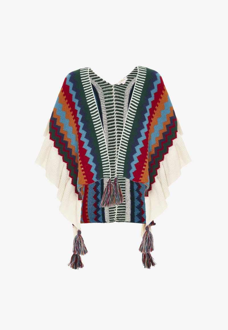 Vícebarevný pončo se zigzagovým vzorem v červené, modré a zelené barvě. Okraje se smetanovými třásněmi a třásněmi na spodním lemu. Měkká pletená textura.