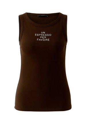 Bruin geribbeld mouwloos topje met ronde halslijn en witte geborduurde tekst "UN ESPRESSO PER FAVORE" centraal op de borst.