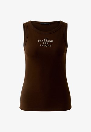 Bruin geribbeld mouwloos topje met ronde halslijn en witte geborduurde tekst "UN ESPRESSO PER FAVORE" centraal op de borst.