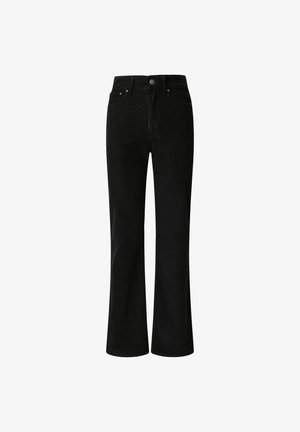 Schwarze Cordstoff-Jeans im Schlagstil mit Fünf-Taschen-Design, einem Knopfverschluss vorne und einem strukturierten Stoff mit vertikalen Rippungen.