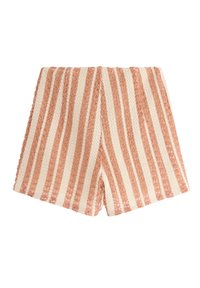 Stribede shorts med et tekstureret hæklede design, der har skiftende koral- og flødefarver, højt liv og løs pasform.