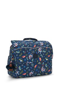 Dunkelblauer Rucksack mit einem verspielten, weltraumthematischen Druck, der Roboter, Gamecontroller und Blitze zeigt. Inklusive eines flauschigen Affen-Schlüsselanhängers.
