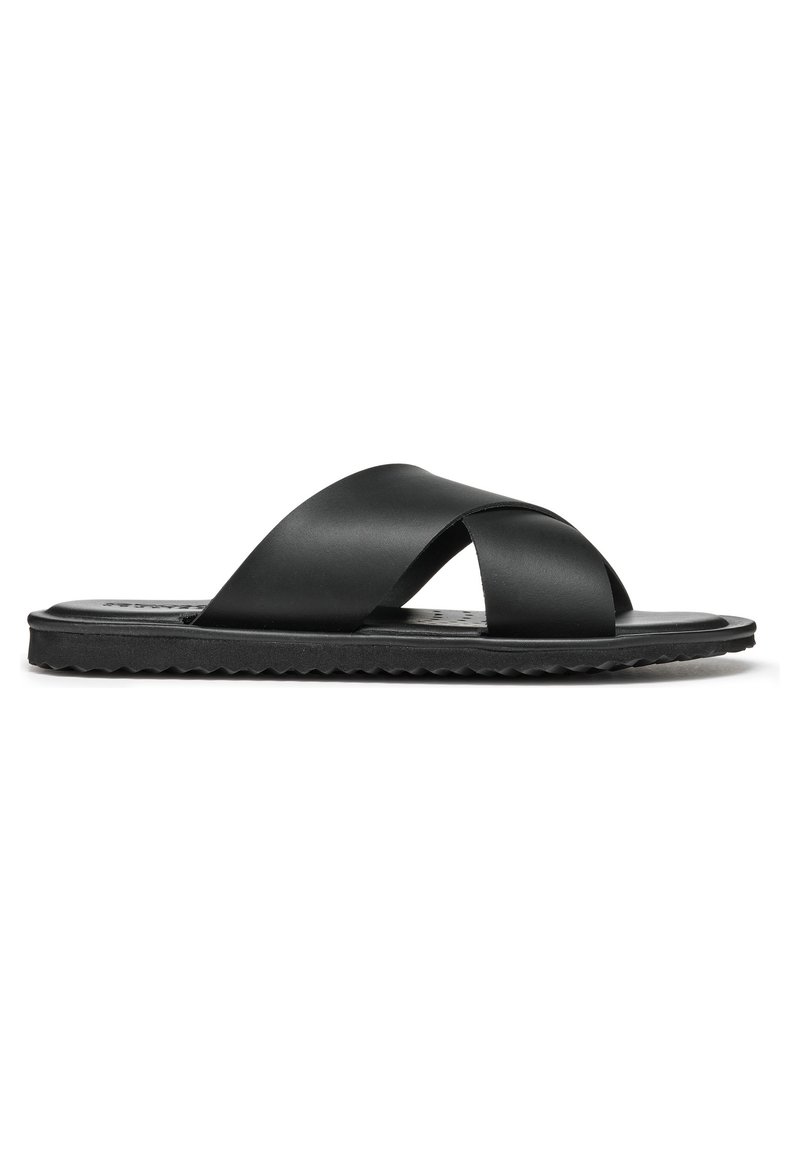 Sandales plates noires avec un design à lanières croisées en matériau lisse, une semelle extérieure texturée et des détails minimalistes.
