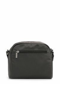 Crossbody bag in dark gray nylon, featuring a rounded top, front zip pocket, and adjustable strap. Smooth texture with subtle stitching details.