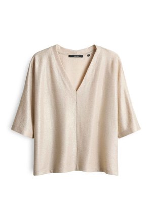 Beige short-sleeve top with a V-neckline, lightweight fabric, slightly textured surface, and relaxed fit. No visible fastenings.