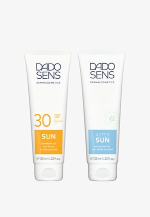 Two white squeeze tubes: one with orange accents labeled "30 SUN" and the other with blue accents labeled "AFTER SUN." Each is 125 ml.
