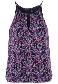 Kwiatowa bezrękawnikowa bluzka z granatowym tłem, ozdobiona różowymi, fioletowymi i zielonymi wzorami kwiatowymi, z dekoltem zdobionym marszczeniem oraz z przodu z detalem w kształcie klucza.