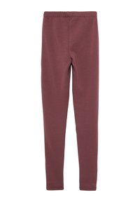 Mauve leggings met een gladde textuur, elastische tailleband en een slank ontwerp. Geen patronen of hardware zichtbaar.