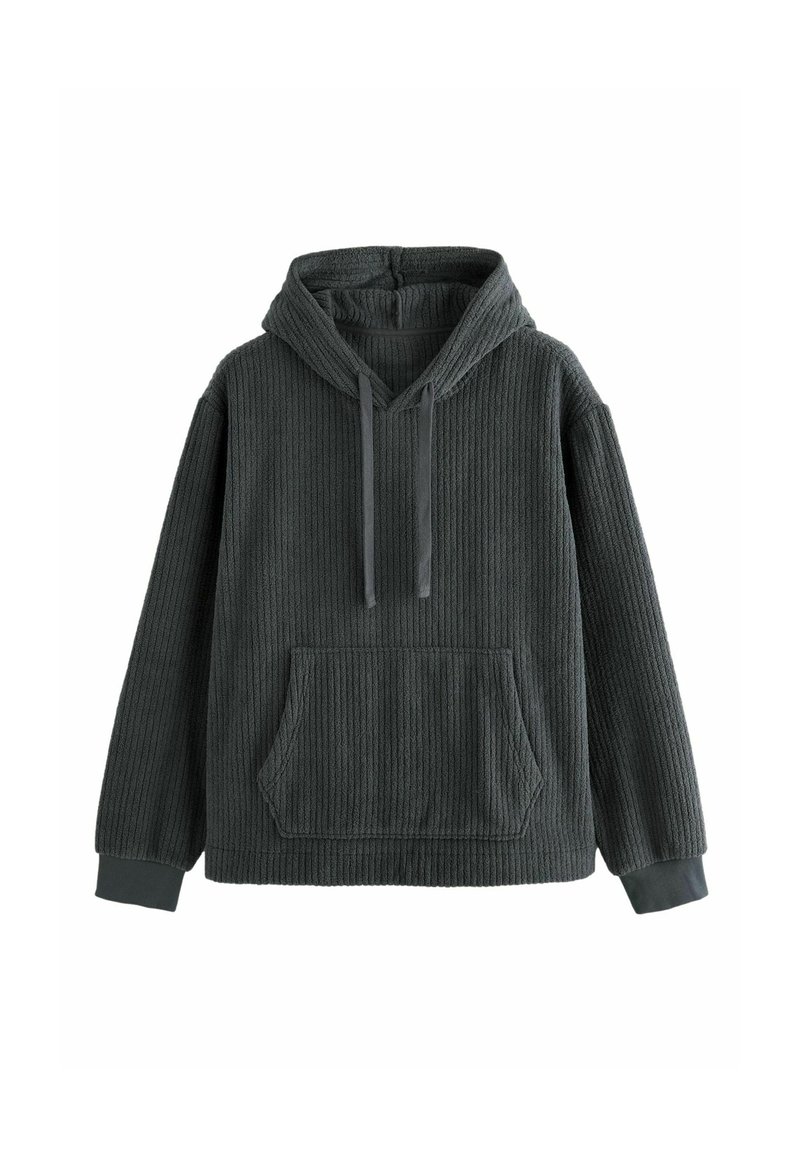 Felpa con cappuccio grigio scuro realizzata in tessuto a costine. Presenta una tasca a marsupio frontale e polsini aderenti alle estremità delle maniche.