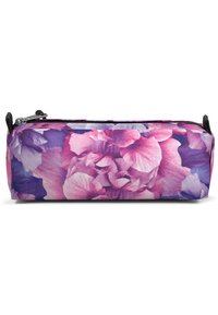 Astuccio a forma rettangolare con motivo floreale viola e chiusura con zip. Realizzato in tessuto durevole, presenta tonalità di rosa e blu.