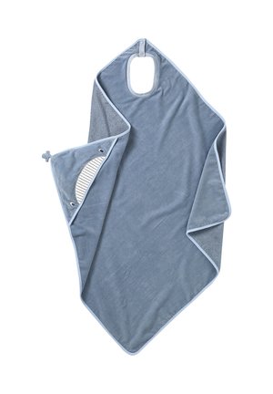 Soft blue baby hooded towel with whale face and tail detail, and a snap button neck closure, laid flat on a white background.
