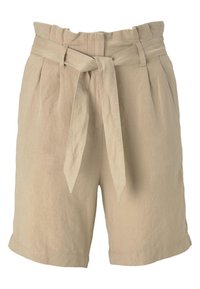 Short beige taille haute avec ceinture en tissu nouée devant et taille froncée, fabriqué en matière légère.
