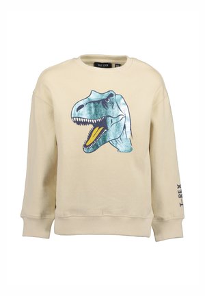 Beżowa dziecięca bluza z dużą grafiką głowy dinozaura T-Rexa w kolorze niebiesko-żółtym z przodu oraz tekstem "T-REX" na rękawie.