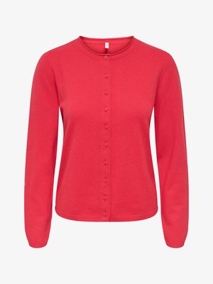 Cardigan tricoté rouge avec manches longues, encolure ronde et fermeture à boutons sur le devant. Doté de boutons assortis et d'une texture lisse.