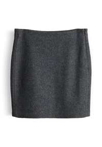 Gonna in lana grigia scura, design dritto con linee pulite, lunghezza a metà coscia, caratterizzata da una texture liscia e senza chiusure visibili.