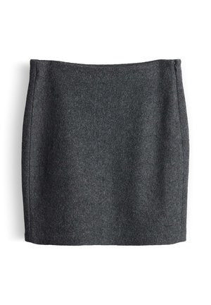 Wollrock in Dunkelgrau, gerade geschnitten mit klaren Linien, midilang bis zur Mitte des Oberschenkels, mit glatter Textur und ohne sichtbare Verschlüsse.
