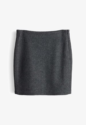 Wollrock in Dunkelgrau, gerade geschnitten mit klaren Linien, midilang bis zur Mitte des Oberschenkels, mit glatter Textur und ohne sichtbare Verschlüsse.