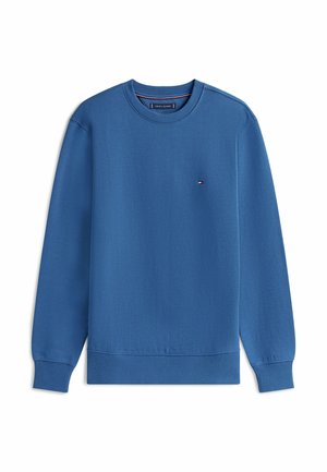 Blaues Sweatshirt mit langen Ärmeln und Rundhalsausschnitt, mit gerippten Bündchen an Ärmeln und Saum, versehen mit einem kleinen Tommy Hilfiger-Logo auf der linken Brust.