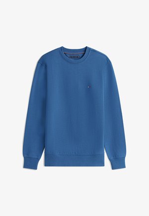 Blauwe sweatshir met lange mouwen en een ronde hals, met geribbelde manchetten en zoom, voorzien van een klein Tommy Hilfiger-logo op de linkerborst.