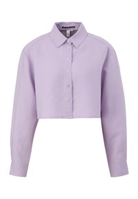 Korte mouwen shirt van licht lila katoen, met een kraag, knoopsluiting aan de voorkant en standaard manchetten.