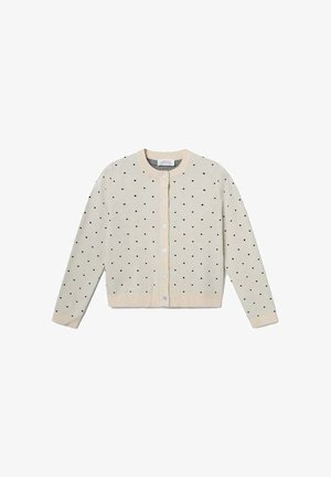 Cárdigan crema con lunares negros, cuello redondo, cierre frontal con botones y puños y dobladillo acanalados. Textura de punto suave.