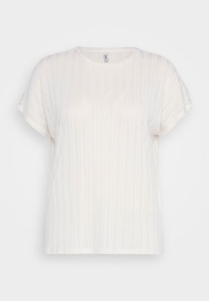 Lühikeste varrukatega, ümara kaelusega topp, mis on valmistatud läbipaistvast valgest kangast peente vertikaalsete triipudega ning lõdva istuvusega. Pehme tekstuur ja simple disainielemendid.