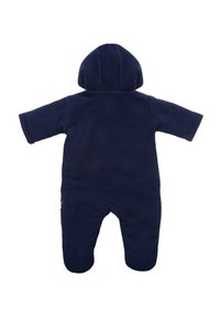Navy-blaues Kapuzenbabyonesie, aus weichem Stoff gefertigt, mit langen Ärmeln und Füßchen-Design. Schlichte und nahtlose Konstruktion.