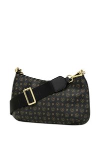 Borsa nera in pelle con un design decorato che presenta iniziali dorate. Include una chiusura in metallo dorato e una tracolla regolabile.