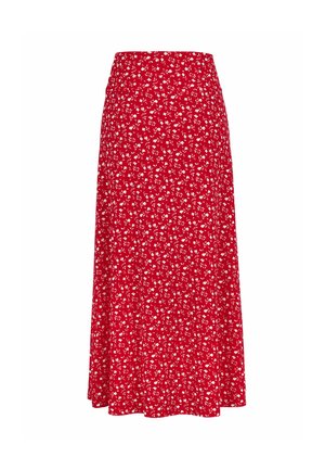 Roter Midirock mit weißem Blumenmuster, tailliertem Bund und leicht ausgestelltem Saum auf weißem Hintergrund.