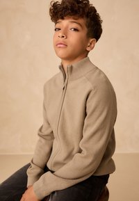 Maglione con zip color beige con collo alto, polsini a costine e texture di maglia liscia. Indossato sopra jeans scuri. Sfondo neutro.