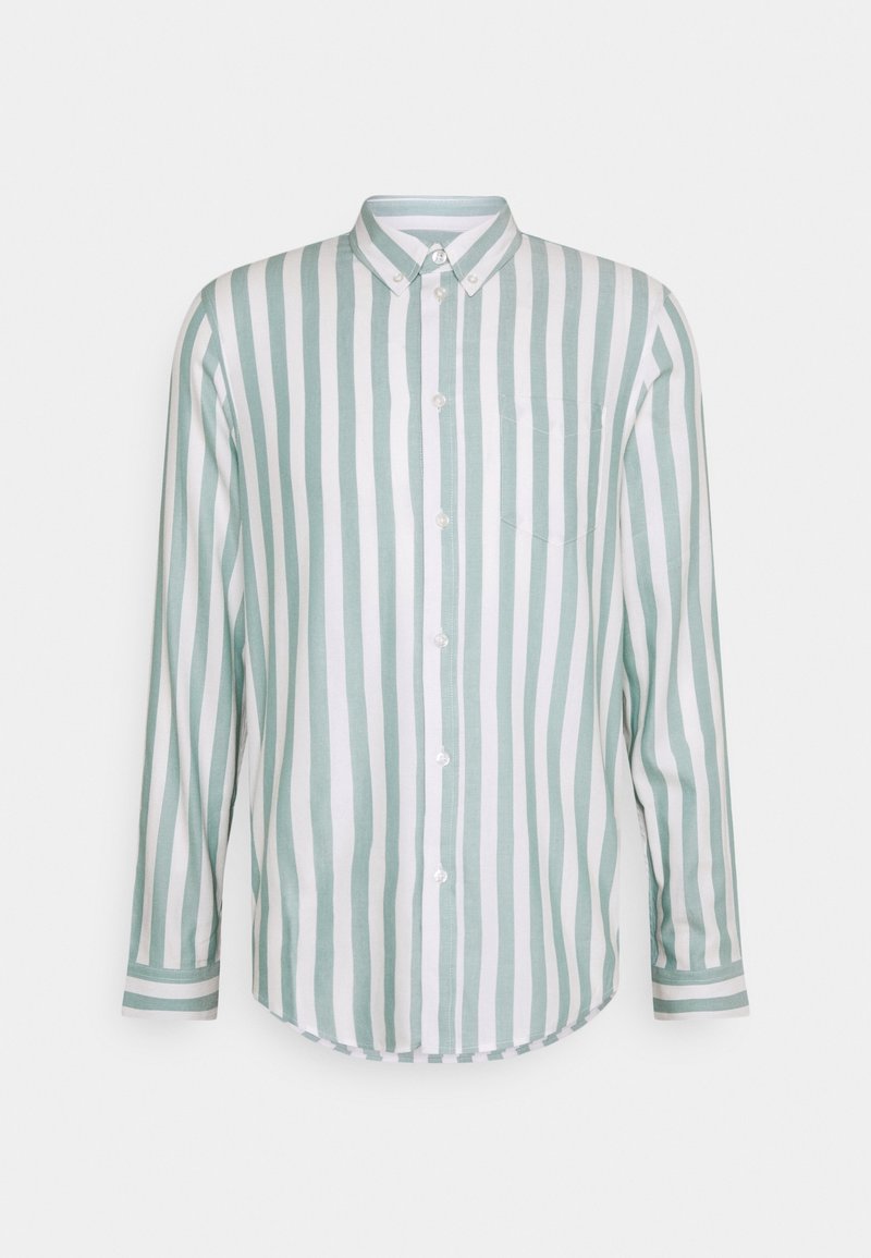 Chemise à manches longues boutonnée avec rayures verticales blanches et vert clair, col pointu et poche poitrine gauche.
