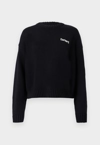 Zwarte gebreide trui met ronde hals, cropped ontwerp, geribbelde mouwen en zoom. Heeft een klein wit logo op de voorkant.