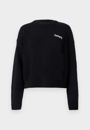 Pull en maille noir avec un col rond, design court, poignets et ourlet côtelés. Présente un petit logo blanc sur le devant.
