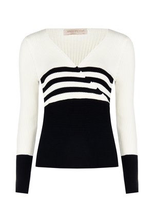 Maglione a coste in bianco e nero con scollo a V, caratterizzato da strisce orizzontali sul petto e una parte inferiore nera uniforme, maniche lunghe aderenti.