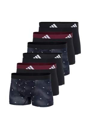 Sechs Paar Herrenboxershorts in Schwarz, Navy mit weißen abstrakten Mustern und unterschiedlichen Bundfarben, darunter Schwarz und Burgund.