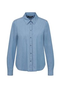 Hellblaues Denim-Hemd mit spitzem Kragen, durchgehender Knopfleiste und langen Ärmeln. Verfügt über eine glatte Textur und eine lässige Passform.