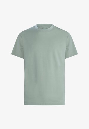 Schlichtes, kurzärmeliges T-Shirt in Salbeigrün mit Rundhalsausschnitt, Standardpassform und sichtbaren Nähten an Ärmeln und Saum.