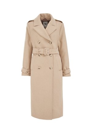 Trench-coat beige en mélange de laine, avec un devant double boutonnage, une taille ceinturée, un grand col, des épaulettes aux épaules et des poches latérales.