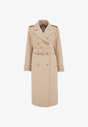 Beige Trenchcoat aus einer Wollmischung mit doppelter Knopfleiste, tailliertem Gürtel, großem Kragen, Schulterepauletten und Seitentaschen.