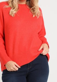 Roter gestrickter Pullover mit Rundhalsausschnitt, geripptem Saum und lockerer Passform, kombiniert mit dunklen Jeans. Weiche Textur und warme Ausstrahlung.