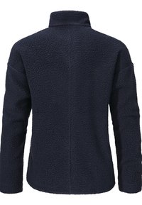 Marineblaue Fleecejacke, Strukturstoff, hoher Kragen, lange Ärmel, mit einer geraden Rückennaht und ohne sichtbare Hardware oder Akzente.