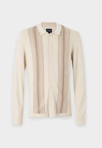 Beige cardigan with a collared neck, featuring vertical stripes, textured details, and a button-up front. Soft knit material.