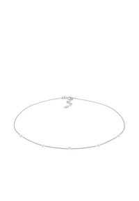 Silver necklace with delicate chain, featuring small star and crescent moon charms evenly spaced along the length. Adjustable clasp included.