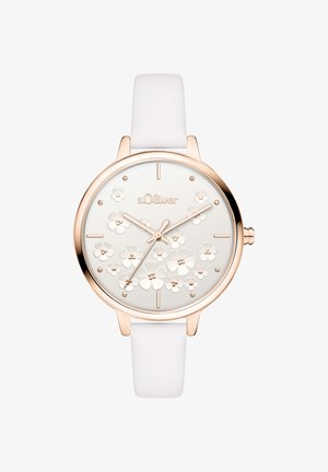 Montre en or rose avec un motif floral blanc sur le cadran, bracelet en cuir blanc et index horaires minimalistes. Nom de la marque s.Oliver affiché.
