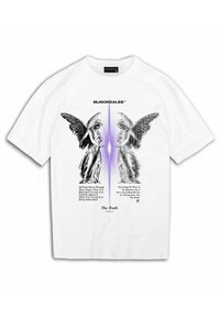 White cotton t-shirt featuring a graphic print of angelic figures, black text, and a purple gradient design. Text includes philosophical quotes.