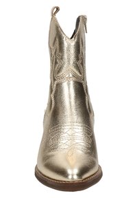 Gouden metallic enkellaarsjes met spitse neus, gestructureerde afwerking, geborduurde stiksels op de wreef en zijhandvaten voor gemakkelijk aan- en uittrekken.