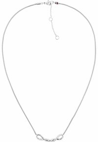 Collana in argento con una catena elegante e flessibile e un pendente centrale a infinito. Presenta un moschettone e una catena di estensione regolabile.