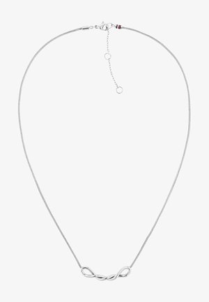 Collana in argento con una catena elegante e flessibile e un pendente centrale a infinito. Presenta un moschettone e una catena di estensione regolabile.